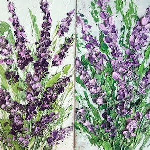 Lavanda Pintura 2 Floral Original Arte Impasto Pintura a Óleo 2 Pequenas Obras de Arte Flores Roxas 2 Pinturas Semi Abstratas