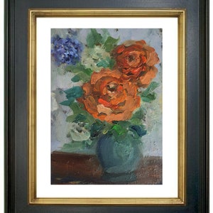 Pintura de peônia Floral Arte original Impasto Pintura a óleo Pequena obra de arte Rosa e flores de hortênsia Semi abstrato Buquê de laranja em um vaso 5x7