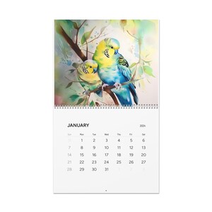 Parrot Wall Calendars (2024) each page is designed with a setup of mom and baby parrots or birds. Perfect for remembering all your dates