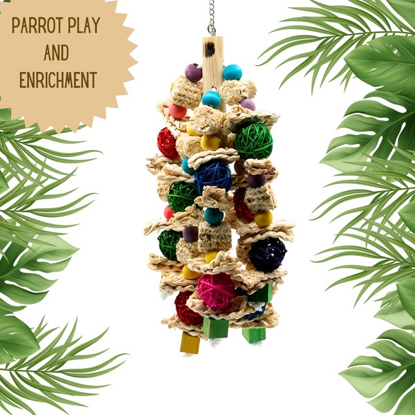 Parrot toy with corn cobs, rattan balls and wood fun for African Greys, Amazons, Small Cockatoos, Cockatiels and Electus. Fun enrichment