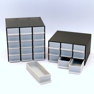 Customizable small parts organizer, drawers for tiny items or electronic elements