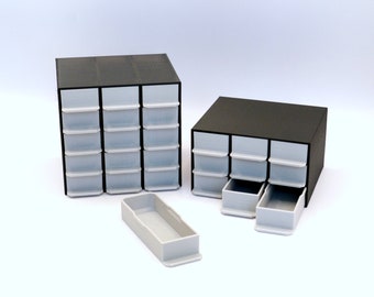 Customizable small parts organizer, drawers for tiny items or electronic elements