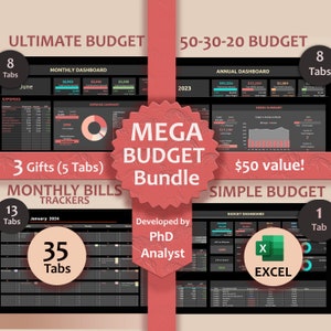 May include: A digital product bundle for budgeting, featuring three different budget templates: Ultimate Budget, 50-30-20 Budget, and Simple Budget. The bundle includes 35 tabs and is developed by a PhD Analyst. The image shows a dark background with colorful charts and graphs.