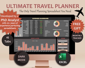 May include: A computer screen displaying a spreadsheet with the title "Ultimate Travel Planner" and the text "The Only Travel Planning Spreadsheet You Need". The spreadsheet includes a dashboard with budget vs. actual expenses, a pie chart of expenses by category, and a table of expenses by category. The spreadsheet is in dark mode. The image also includes the text "Developed by a PhD Analyst with 20+ years of experience perfecting spreadsheets", "16 Tabs", "Free Gift", "Monthly Tracker", "Dark Mode", and "Excel".