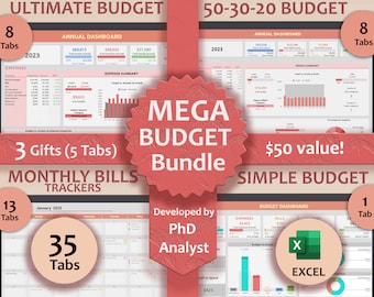 BUNDLE Excel Annual Budget spreadsheet 50-30-20 Budget Spreadsheet Budget Template Simple Monthly Paycheck Budget Monthly bills tracker