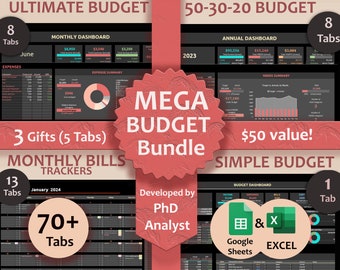 BUNDLE Annual Budget spreadsheet 50-30-20 Budget Spreadsheet Budget Template Simple Monthly Paycheck Budget Monthly bills tracker