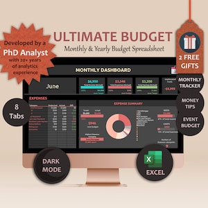 May include: A computer screen displaying a dark mode budget spreadsheet with the title "Ultimate Budget". The spreadsheet includes a monthly dashboard with categories for income, expenses, and savings. The dashboard also includes a pie chart showing the breakdown of expenses. The spreadsheet is designed to help users track their finances and create a budget.