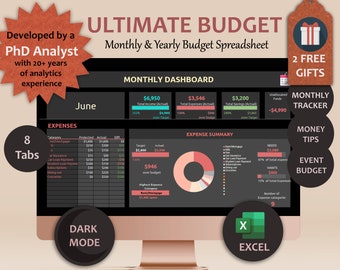 Puede incluir: Una pantalla de computadora que muestra una hoja de cálculo de presupuesto en modo oscuro con el título "Ultimate Budget". La hoja de cálculo incluye un panel de control mensual con categorías para ingresos, gastos y ahorros. El panel de control también incluye un gráfico circular que muestra el desglose de los gastos. La hoja de cálculo está diseñada para ayudar a los usuarios a realizar un seguimiento de sus finanzas y crear un presupuesto.