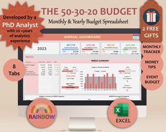 May include: A computer screen displaying a spreadsheet with the title "The 50-30-20 Budget" and a colorful rainbow graphic. The spreadsheet is divided into sections for needs, wants, savings, and a summary of the budget. The spreadsheet also includes a graph showing the budget over time. The screen is surrounded by a pink and white background.