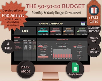 May include: A computer screen displaying a dark mode budget spreadsheet with the title "The 50-30-20 Budget". The spreadsheet includes a monthly and yearly budget tracker, needs summary, and a chart showing target vs. actual spending by month. The spreadsheet is labeled "Google Sheets".
