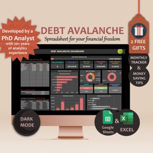 Könnte beinhalten: Ein Computerbildschirm zeigt eine Tabellenkalkulation im Dunkelmodus mit dem Titel "Schulden-Lawinen-Dashboard". Die Tabellenkalkulation enthält einen Schulden-Tracker, eine Schuldenrückzahlungs-Fortschrittsleiste und ein Diagramm der Schulden nach Zinssatz. Der Bildschirm ist von einem rosa Rahmen umgeben und der Text "Entwickelt von einem PhD-Analysten mit über 20 Jahren Erfahrung in der Analytik" wird in einem roten Sternburst angezeigt. Der Text "Schulden-Lawinen-Tabellenkalkulation für Ihre finanzielle Freiheit" wird in einem weißen Feld angezeigt. Der Text "2 Gratisgeschenke" wird in einer roten Geschenkbox angezeigt. Der Text "Monatlicher Tracker & Geldspartipps" wird in einem weißen Feld angezeigt. Der Text "Google Sheets & Excel" wird in einem weißen Feld mit Symbolen für Google Sheets und Excel angezeigt.