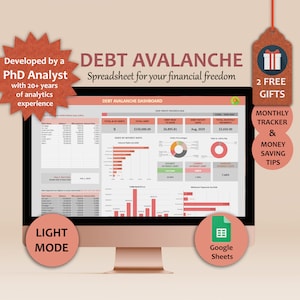 May include: A computer screen displaying a spreadsheet titled "Debt Avalanche Dashboard" with charts and graphs showing debt progress, interest rates, and minimum payments. The spreadsheet is designed to help users manage and pay off their debt. The text "Debt Avalanche Spreadsheet for your financial freedom" is displayed above the spreadsheet. The text "Light Mode" is displayed in a circle at the bottom left of the screen. The text "Google Sheets" is displayed in a circle at the bottom right of the screen. The text "2 Free Gifts" is displayed in a red and white box at the top right of the screen. The text "Monthly Tracker & Money Saving Tips" is displayed in a red and white box at the bottom right of the screen.
