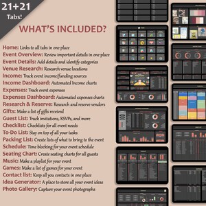 以下が含まれることがあります： イベントプランニングのための21+21タブのスプレッドシートの機能を示すグラフィック。タブには、ホーム、イベントの概要、イベントの詳細、会場の調査、収入、収入ダッシュボード、支出、支出ダッシュボード、調査と予約、ギフト、ゲストリスト、チェックリスト、ToDoリスト、パッキングリスト、スケジュール、座席表、音楽、ゲーム、連絡先リスト、アイデアジェネレーター、フォトギャラリーが含まれています。