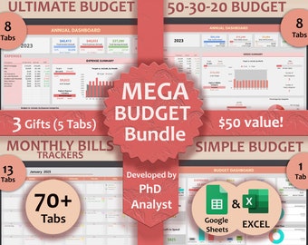 BUNDLE Annual Budget spreadsheet 50-30-20 Budget Spreadsheet Budget Template Simple Monthly Paycheck Budget Monthly bills tracker