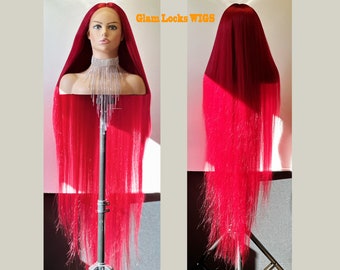 46'' lace front all red human hair blended wig-22'' fit cap | Glam Locks Wigs hairloss, alopeica chemo wig Halloween Costumes | Drag Queen