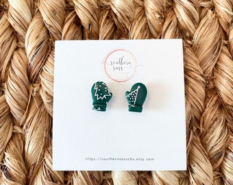 Green Christmas Tree Mitten Clay Earrings