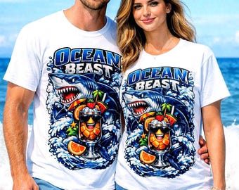 Shark Beach Graphic T Shirt, White Cotton Summer Tee, Surf Vibe Design
