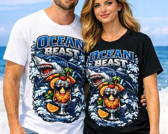 Shark Surf T-Shirt, Tropical Ocean Wave Graphic Tee, Beach Surfing Shirt