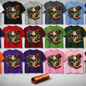 a collection of t-shirts with a skull design, featuring various colors and styles.