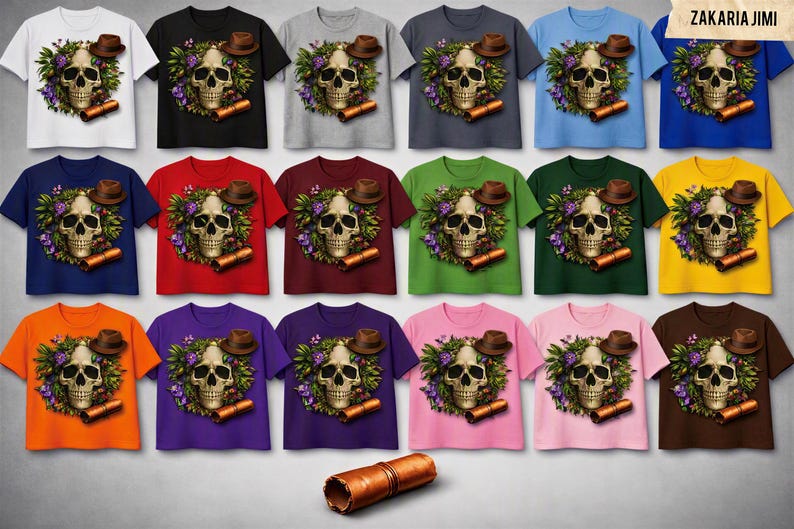 a collection of t-shirts with a skull design, featuring various colors and styles.