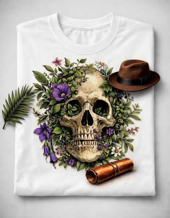 Floral Skull Tee, Gothic Vintage Shirt, Botanical Illustration - OEKO-TEX Cotton, Midweight 180g, Tubular Knit