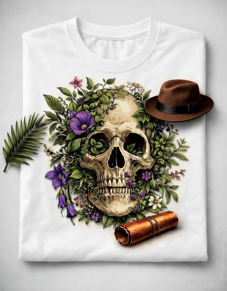 a white t-shirt with a skull design surrounded by purple flowers and green leaves, along with a brown hat and a rolled-up piece of paper.