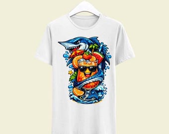 Funny Shark Summer T Shirt, Tropical Graphic, Orange Cocktail Unisex Top