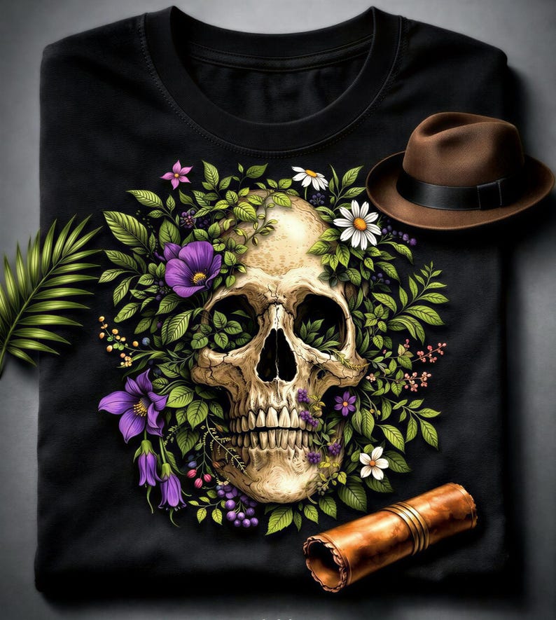 a skull design on a black t-shirt, surrounded by a variety of colorful flowers and leaves. A brown hat is also present in the scene.