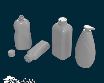 Puede incluir: Cuatro botellas de plástico grises con diferentes formas y cierres. Las botellas están vacías y tienen un acabado mate.