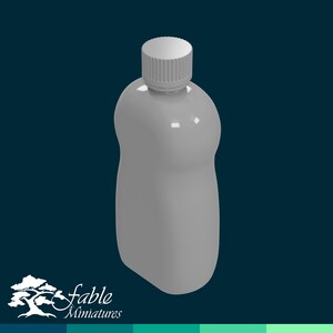 May include: A gray plastic bottle with a white cap. The bottle has a rounded shape and a smooth surface.