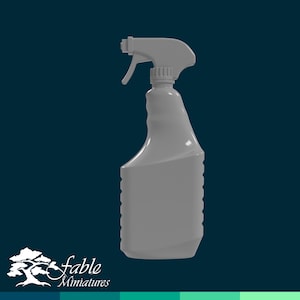 May include: A gray plastic spray bottle with a trigger, designed for dispensing liquids. The bottle has a contoured shape for easy gripping and a label area. The background is a dark teal color, with the logo "fable miniatures" in white.