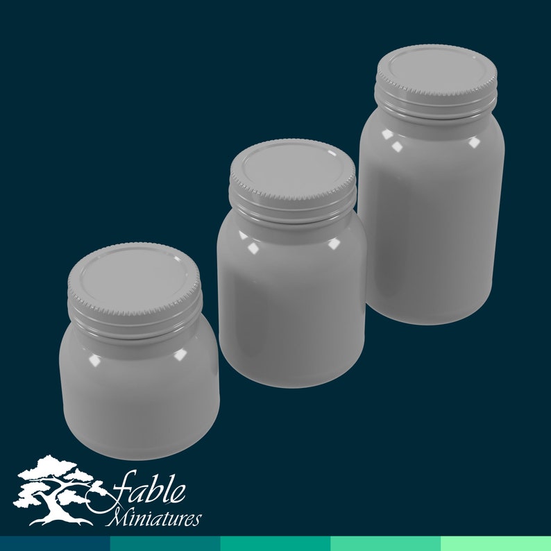 May include: Three gray glass jars with lids, arranged in descending size order. The jars are empty and have a smooth, glossy finish.