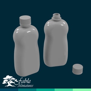 May include: Two gray plastic bottles with caps, one with the cap on and one with the cap off. The bottles are empty and have a rounded, slightly curved shape.