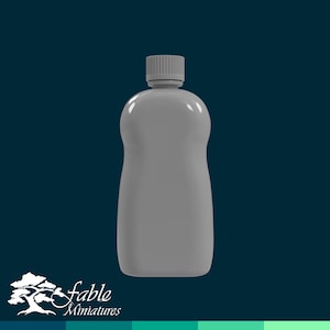 May include: A gray plastic bottle with a white cap. The bottle is empty and has a rounded shape.