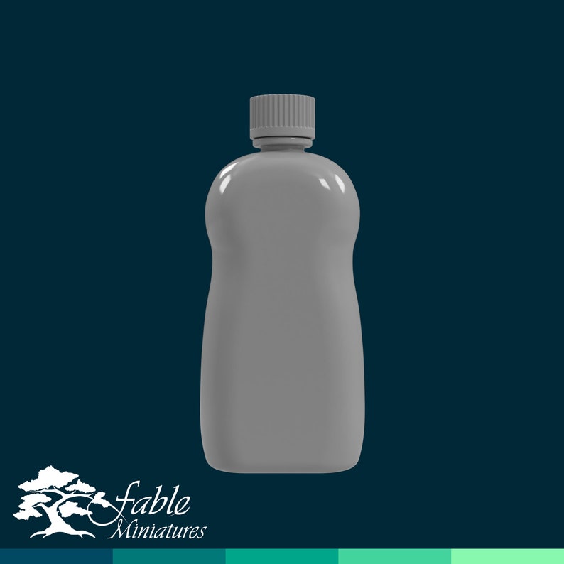 May include: A gray plastic bottle with a white cap. The bottle is empty and has a rounded shape.