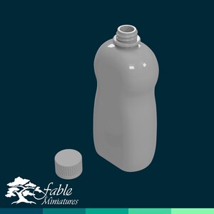 May include: A gray plastic bottle with a white cap. The bottle is shaped like a rounded rectangle and has a smooth surface.