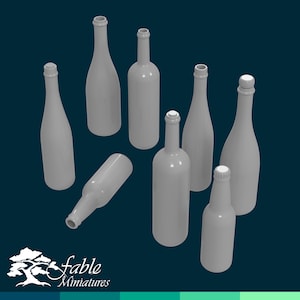 May include: Eight grey glass bottles of various sizes and shapes. The bottles are arranged in a random pattern against a dark blue background.