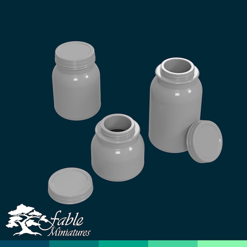 May include: Three gray plastic jars with lids. The jars are different sizes. The lids are off of two of the jars.