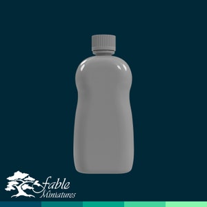 May include: A gray plastic bottle with a white cap. The bottle is empty and has a rounded shape.