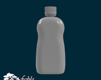 Puede incluir: Una botella de plástico gris con una tapa blanca. La botella está vacía y tiene una forma redondeada.