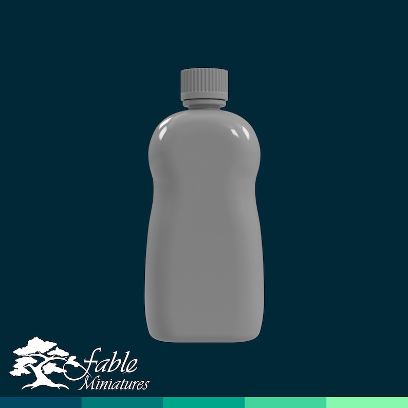 May include: A gray plastic bottle with a white cap. The bottle is empty and has a rounded shape.