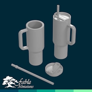 May include: A set of three gray travel mugs with a lid and a straw. The mugs have a handle and a double-walled design. The straw is clear and has a bend in it.