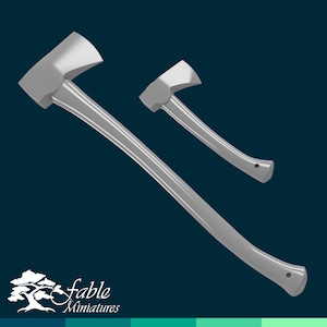 May include: Two silver axes, one larger than the other, are shown against a dark blue background. The larger axe has a long handle and a slightly curved blade. The smaller axe has a shorter handle and a straighter blade.