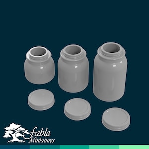May include: Three gray plastic jars with lids, two larger jars and one smaller jar. The lids are separate from the jars.
