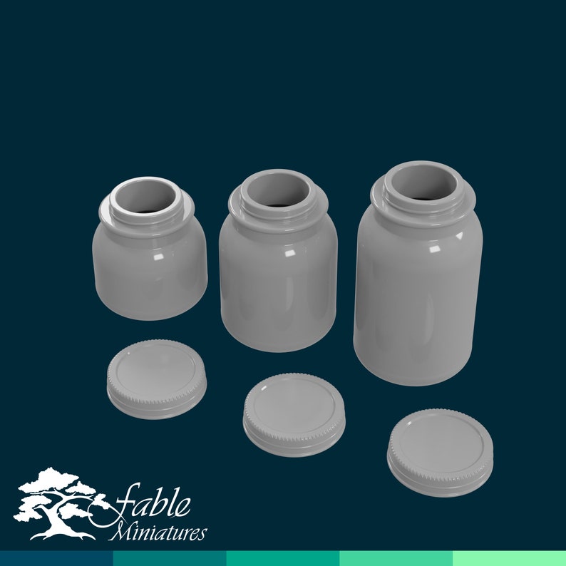 May include: Three gray plastic jars with lids, two larger jars and one smaller jar. The lids are separate from the jars.