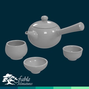May include: A gray ceramic teapot with a lid and a handle, along with three matching gray ceramic teacups.