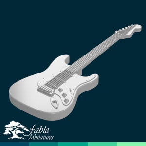 May include: A white electric guitar with a black pickguard and six strings. The guitar is in a 3D rendering style.
