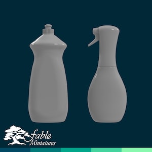 May include: Two gray plastic bottles, one with a pump top and the other with a spray nozzle. The bottles are empty and have a smooth, matte finish.