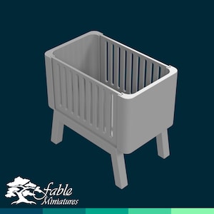 May include: A white wooden crib with a slatted design and four legs. The crib is empty.