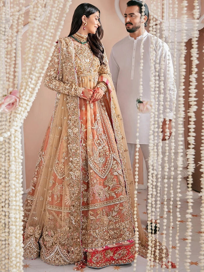 Pakistani Wedding Dress Peach Nikkah Lehnga Maxi Collection Embroidery